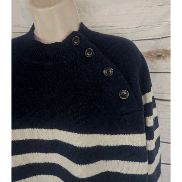 LL Bean Signature Navy Blue Striped Sweater XL Wool Blend Womens Button Neck - Picture 3 of 7